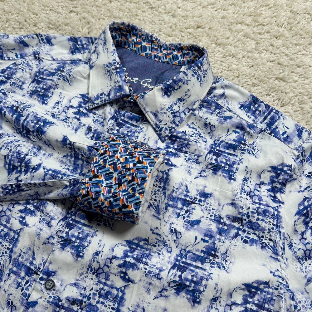 Robert Graham Button Up Shirt 2XL Blue White Abstract Geometric Flip Cuff FLAWS